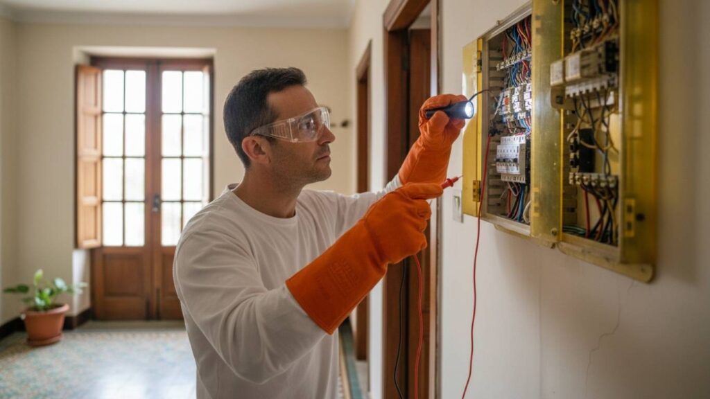 Instalador eléctrico revisando posibles fallos eléctricos en casa antigua